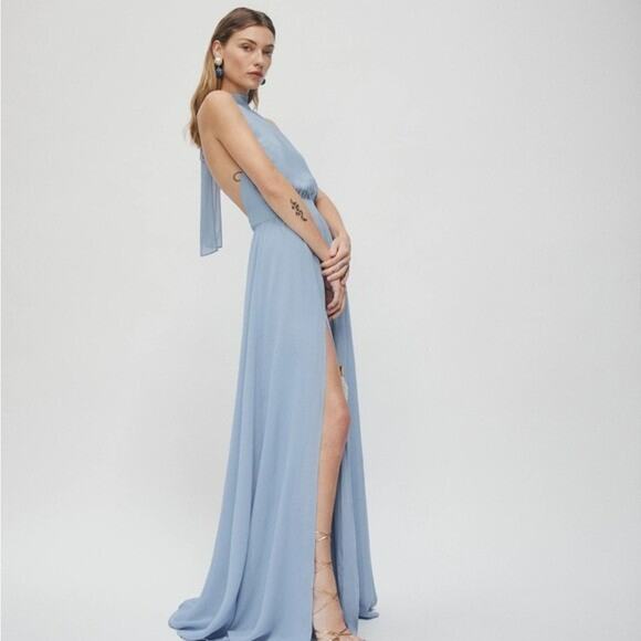 Reformation Andee Halter Maxi Dress Size 12 Mineral Blue Side Slit Romantic - Picture 5 of 15